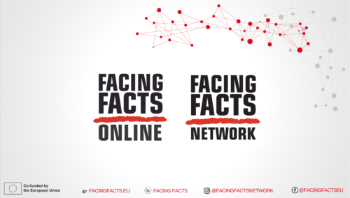 Two logos: Facing Facts Online and Facing Facts Network. The logo on the left is separated by a red line between Facing Facts and Online. The logo on the right is separated by a red line between Facing Facts and Network. On the bottom right you can find the social media handles: @facingfactseu for Instagram and Facebook. Facing Facts is the name on LinkedIn. On the top right, red points are connected with red lines creating a Network.