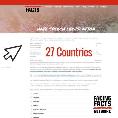 Screenshot of Facing Facts page. 27 countries. Hate speech legislation page