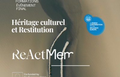 Aerial view of a narrow strip of land or sandbar dividing water, with muted earthy tones. Overlaid text reads “Héritage culturel et Restitution” and “ReActMem.” Additional text mentions “Lunch Talk, Formations, Événement final.” Logos for CEJI (A Jewish Contribution to an Inclusive Europe) and “Co-funded by the European Union” appear on the image.